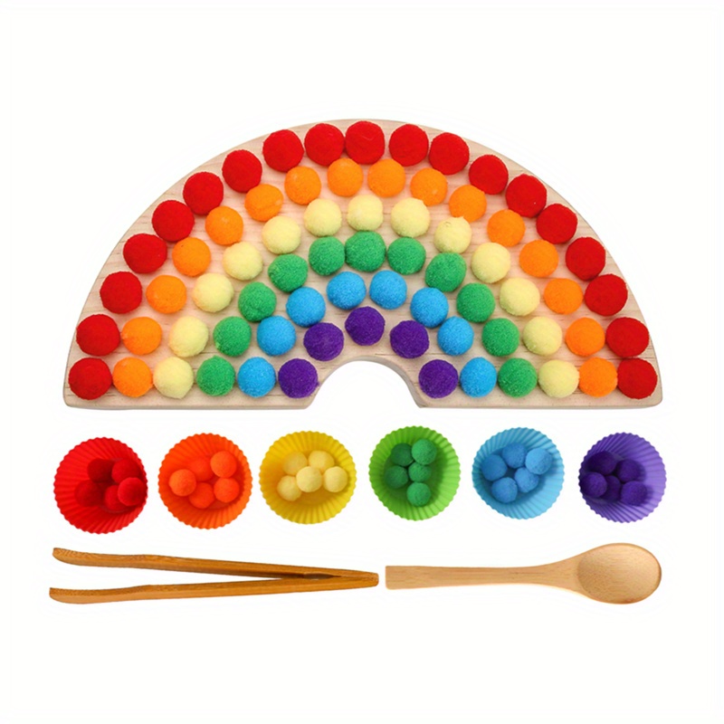 Image of Wooden Rainbow Clip Ball 2in 1 Toy, Colorful Color Sorting Toy, Improve Your Child's Finger Control, Color Recognition Sorting Skills And Counting