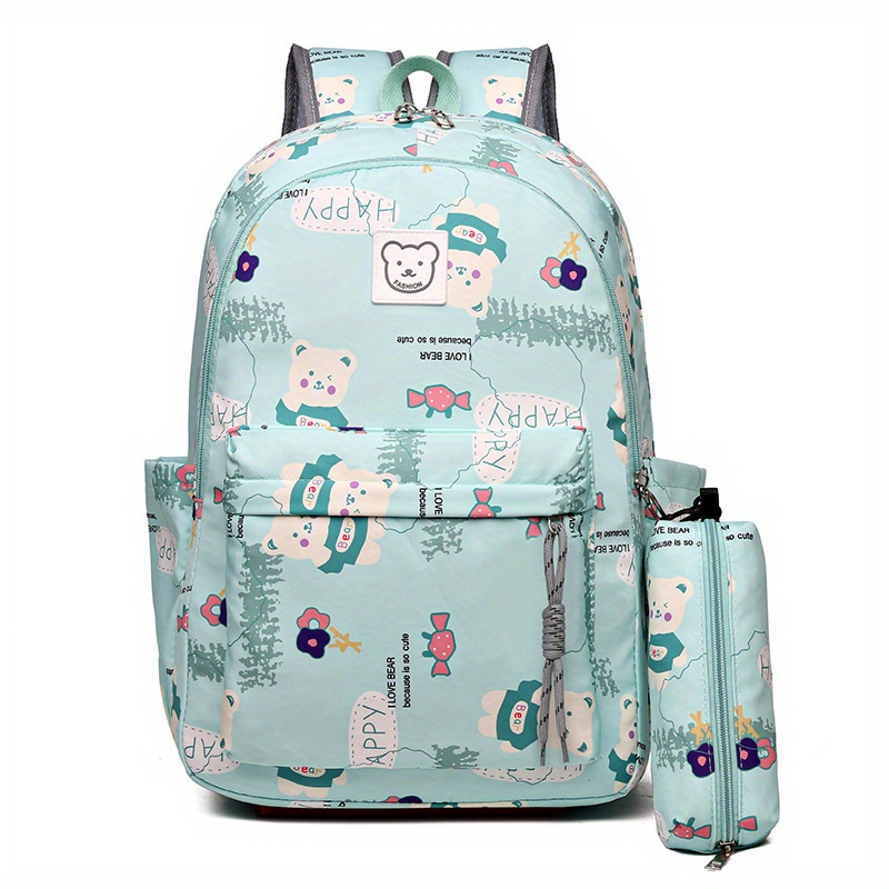 Bear Print Large Capacity Preppy Backpack Pencil Case Pendant Set