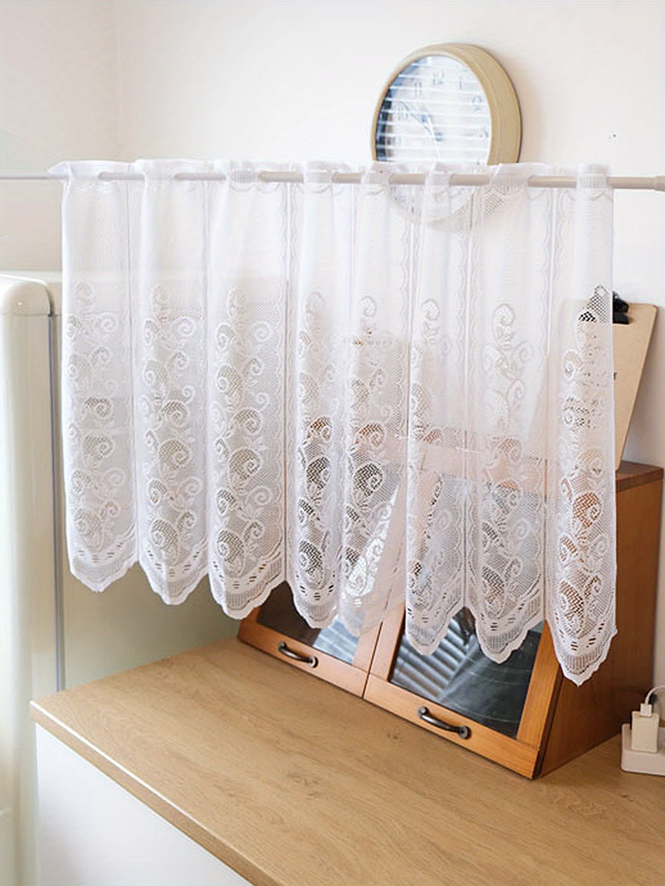 1pc white simple small flower cafe curtain lace hollow mesh small short curtain suitable for kitchen restaurant decoration window cafe cabinet home decor details 0