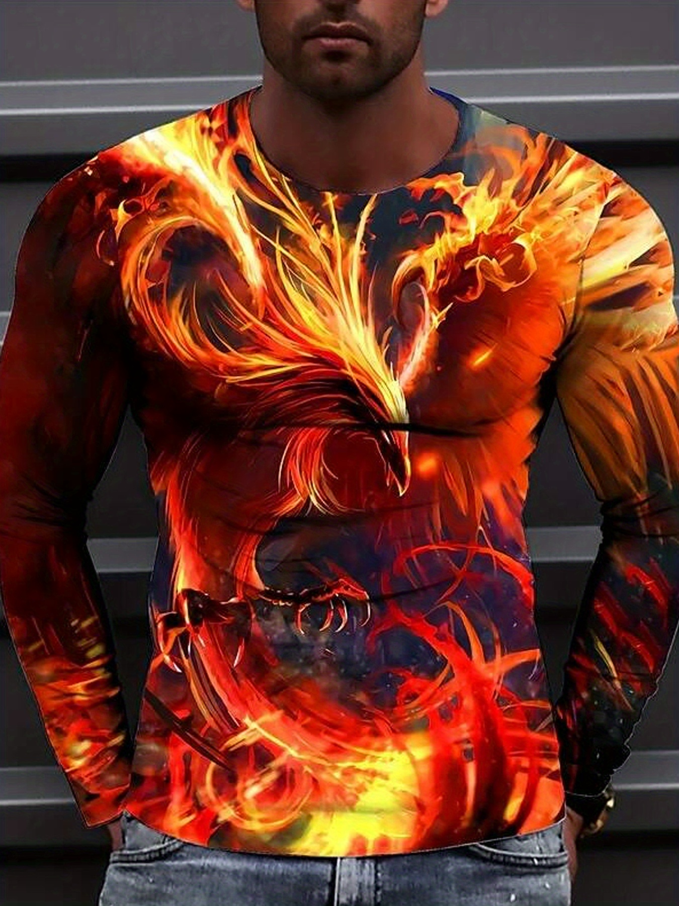 Cool 3D Phoenix In Fire Print, Men's Graphic Design Crew Neck Long Sleeve  Novel T-shirt, Casual Comfy Shirts For Spring Summer Autumn, Men's Clothing