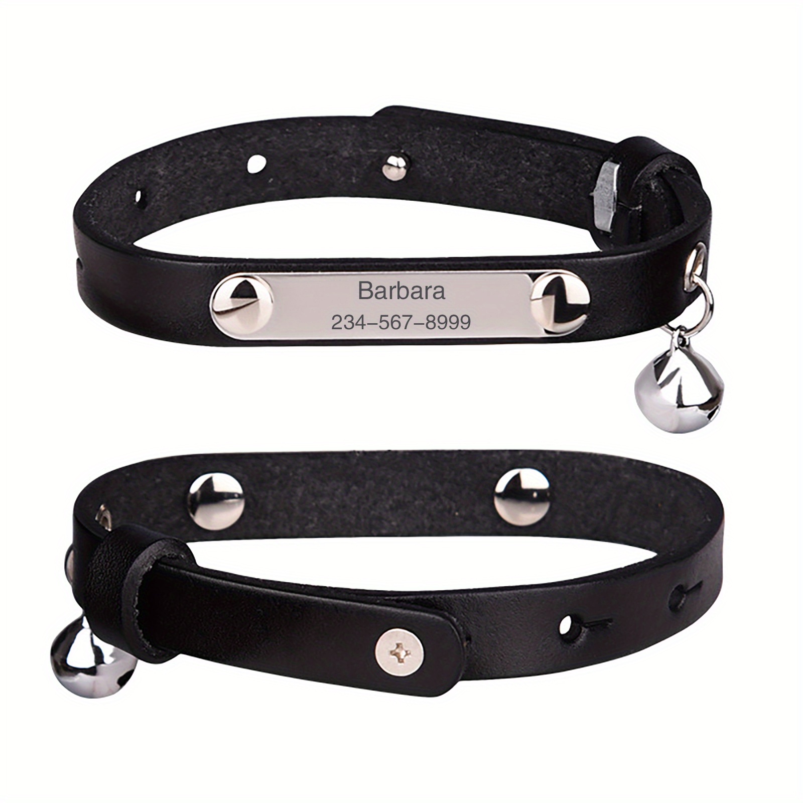 Personalized Black Genuine Leather Cat Collar Engraved Name Temu