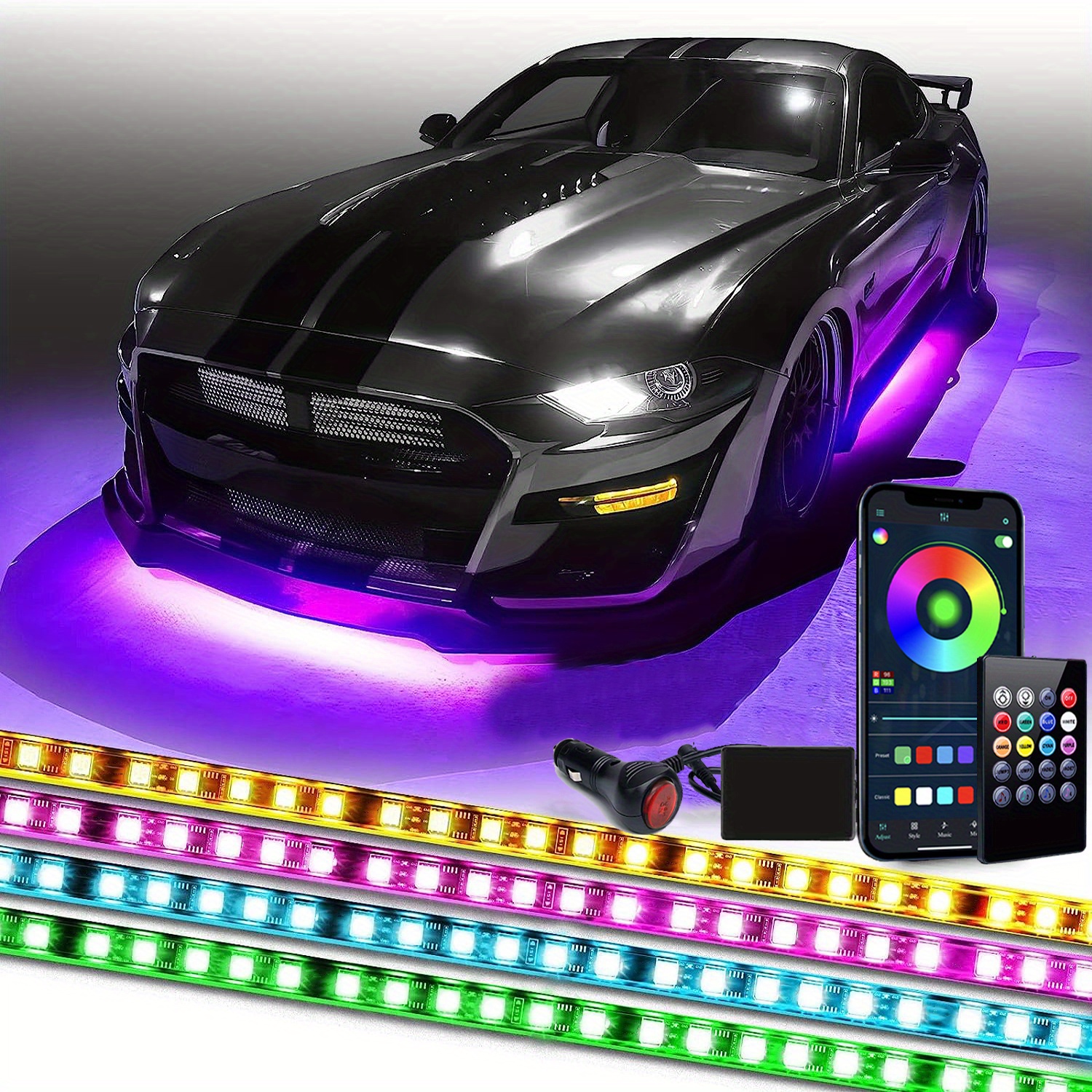 Luces para debajo del auto, kit de tira de luces Bluetooth Dream Color  Chasing, 6 luces exteriores impermeables con control de aplicación, 12 V  300