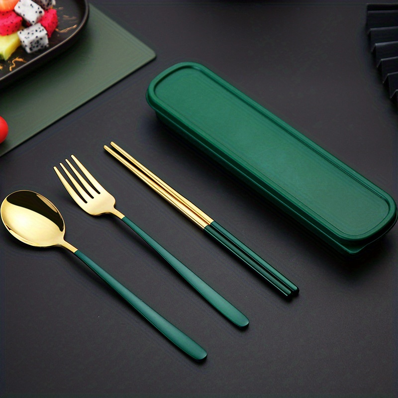 3-in-1 Stainless Steel Fork Spoon Chopsticks Set Portable Utensils with Pen Box - Silver Tone, Green