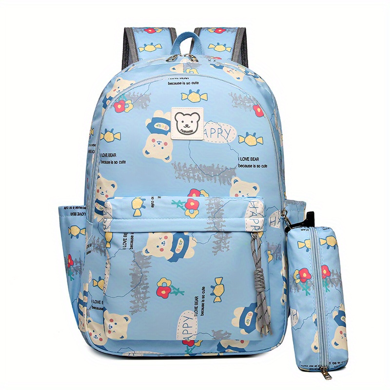 Bear Print Large Capacity Preppy Backpack Pencil Case Pendant Set