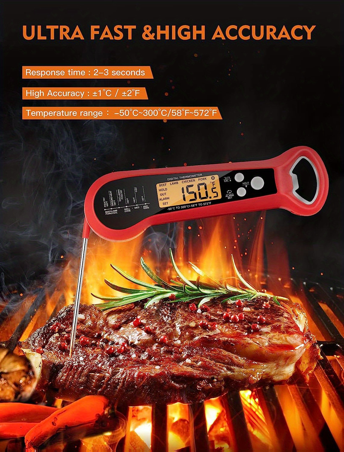 Digital Instant Read Meat Thermometer, Waterproof Ultra Fast Food  Thermometer with Backlight and Calibration, Kitchen Cooking Thermometer  Probe for