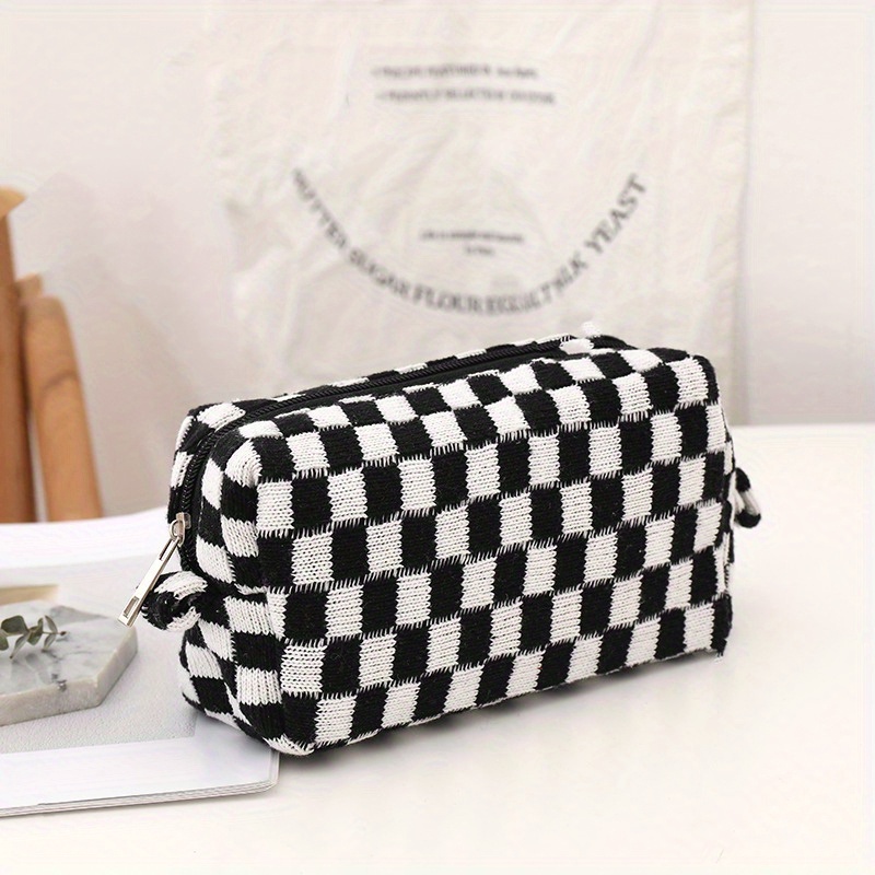 1pc Blue & White Checkered Pencil Case, Simple Knitted Yarn Large Capacity  Storage Bag Cosmetic Bag