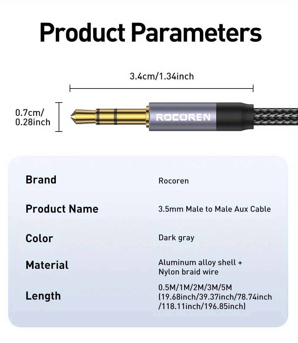 Rocoren 3.5mm Audio Cable Nylon Braided Aux Cord Cable Male To Male Stereo Hi-Fi Sound For Headphones Car Home Stereos Speakers Tablets Compatible With IPhone/iPad/iPod Echo & More