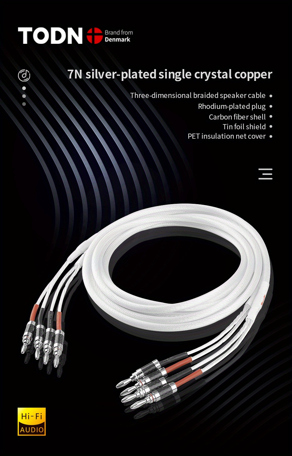 Pair 7N OCC Pure Copper 8TC Wire Rhodium Plated Plug HIFI Audio Speaker  Cable
