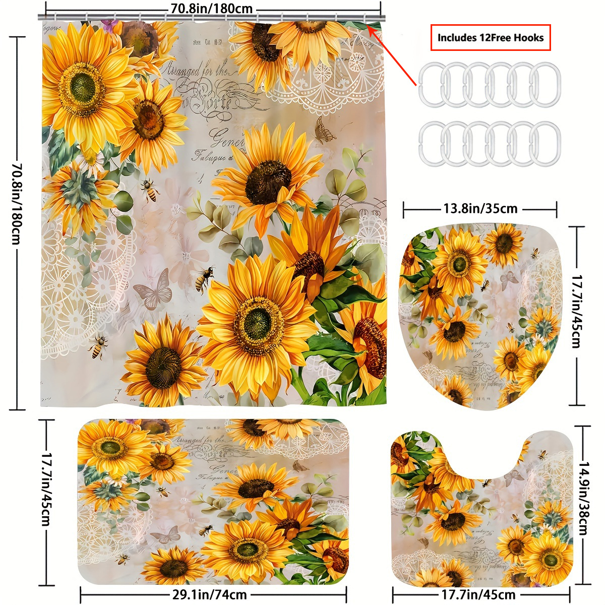 Sunflower Shower Curtains Bathroom Decor Bee Flowers Toilet Lid