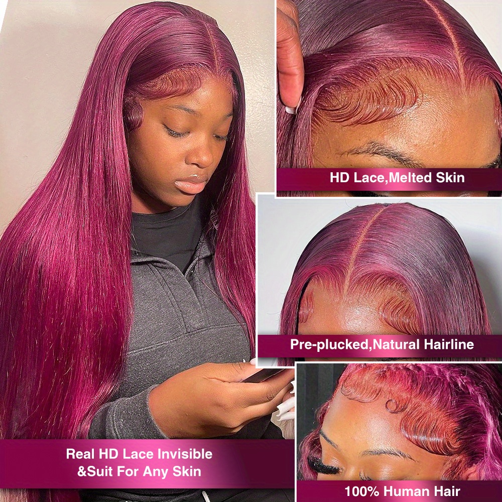 Straight Wave 13x4 Hd Burgundy 99j Lace Front Wigs Human - Temu