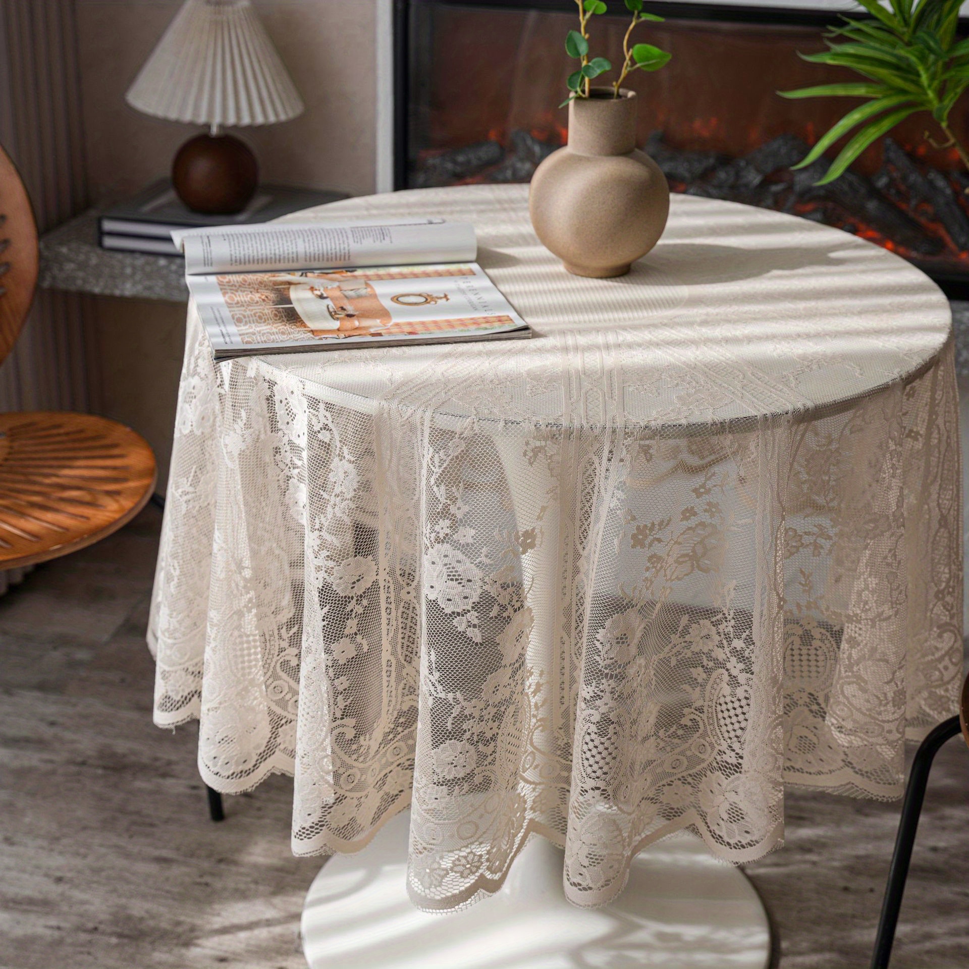 Image of Bohemian Dining Beige Hollow Round Tablecloth End Table Fringed Tablecloth Small Square Tablecloth, Round Coffee Lace Tablecloth Furniture Tabletop Decoration Suitable For Home Yard Garden 1pc