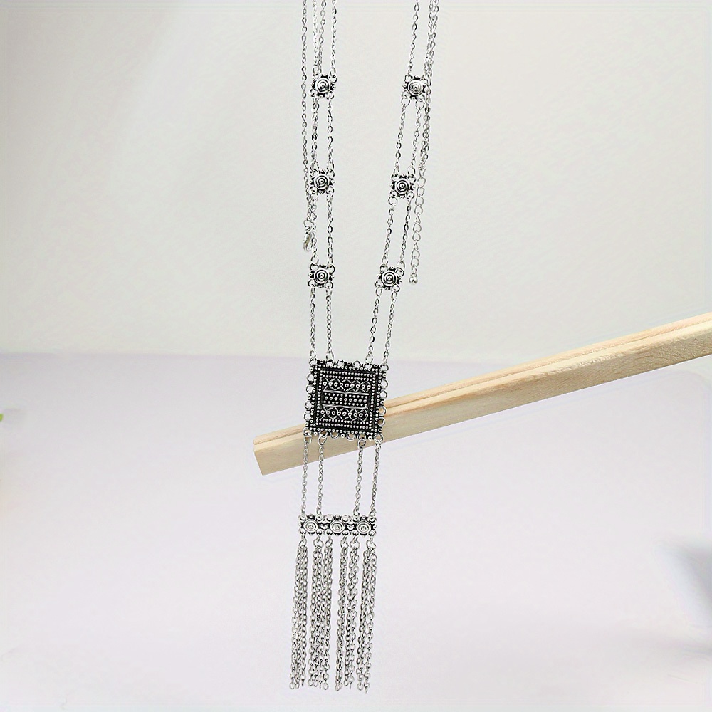 vintage inspired long pendant necklace with rectangular charm tassel detail zinc alloy versatile for casual attire or parties details 2