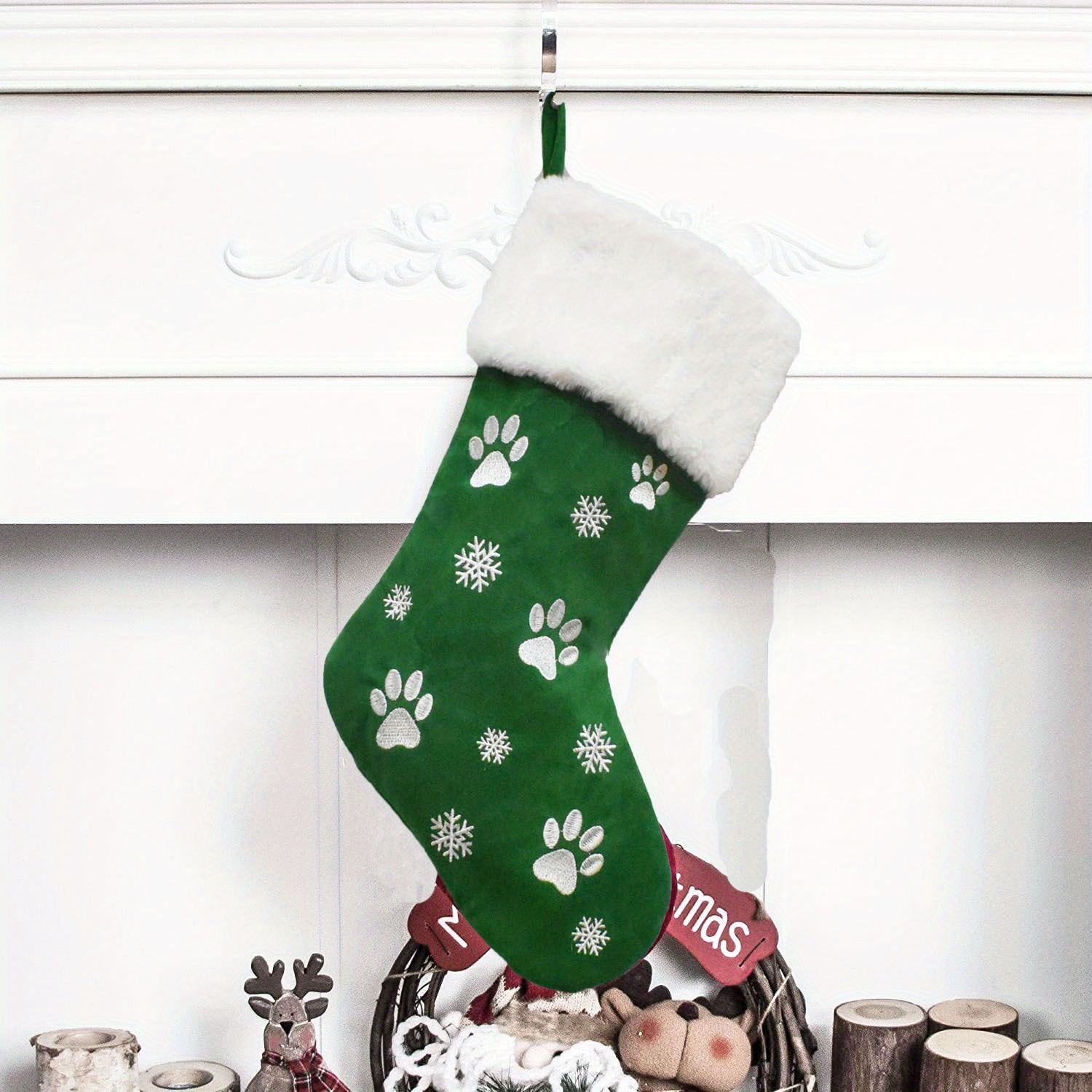 Two Red Green Felt Christmas Stockings w/Doggie Santa Pix. 15 Long.