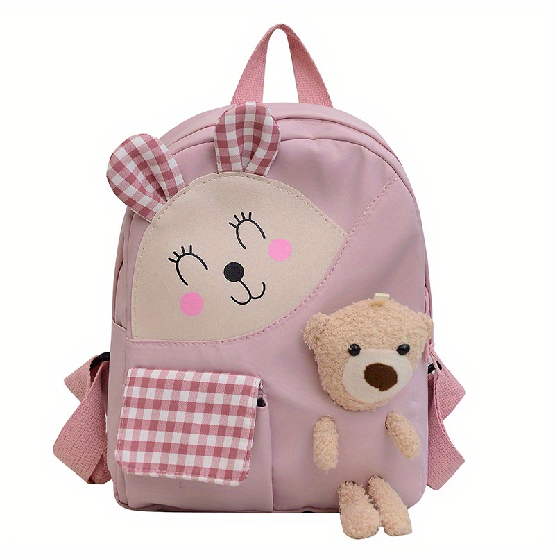 Kids Cartoon Rabbit Plaid Backpack With Teddy Bear Plush