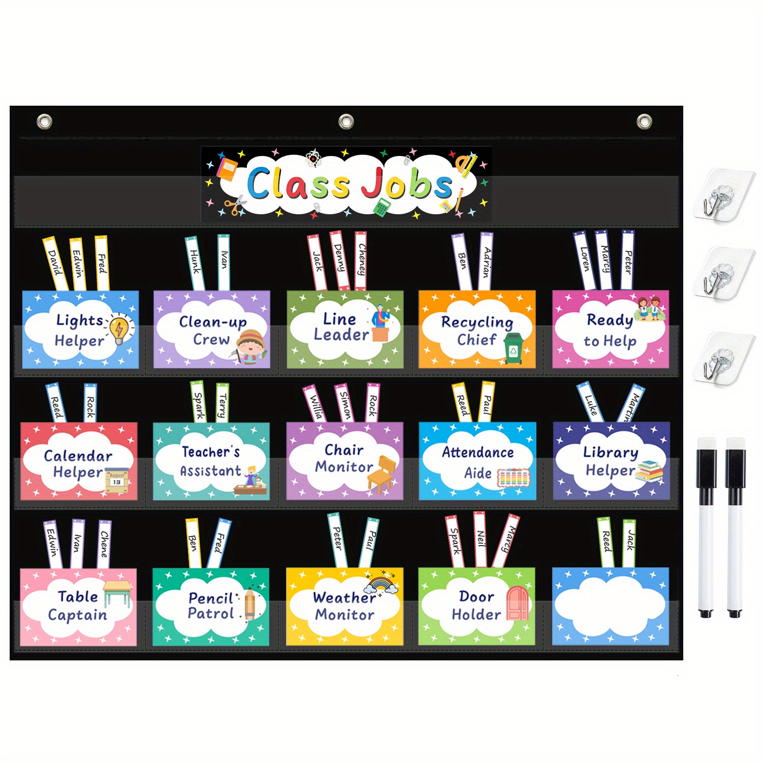 Image of Class Jobs Pocket Chart With 70pcs Colorful Cards Including 3 Hooks And 2 Dry Erase Markers. 420d Management Pocket Chart Size: 24.5''x21.8''inch (black)