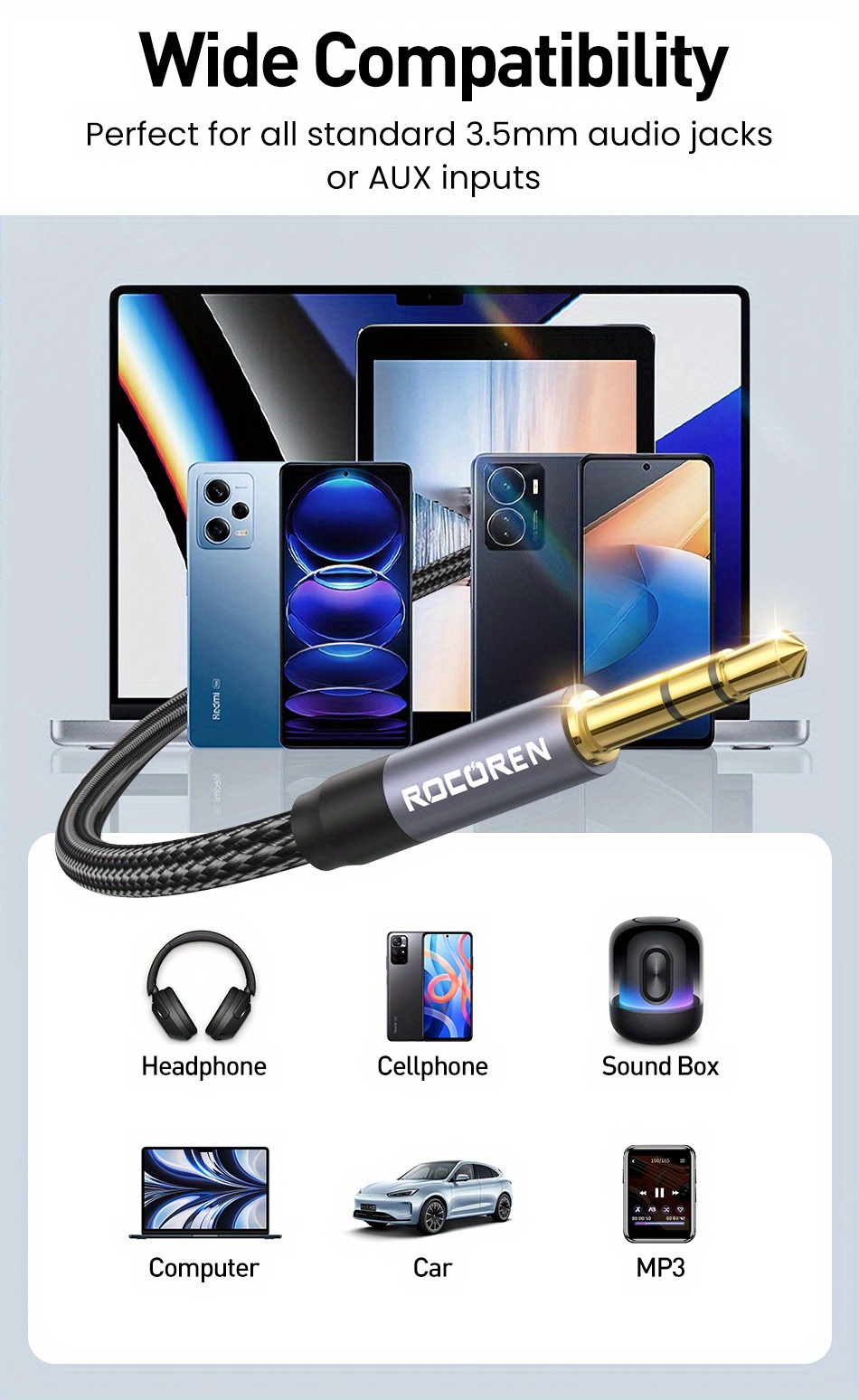 Rocoren 3.5mm Audio Cable Nylon Braided Aux Cord Cable Male To Male Stereo Hi-Fi Sound For Headphones Car Home Stereos Speakers Tablets Compatible With IPhone/iPad/iPod Echo & More