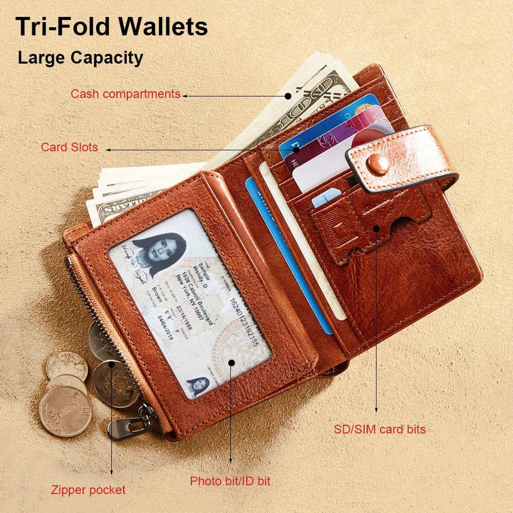 Men's Genuine Leather Wallet Vintage Short Multi Function Business Card  Holder RFID Blocking Zipper Coin Pocket Money Clip