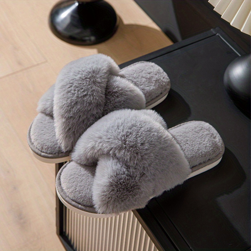 Fluffy Crossover Band Plush Slippers Solid Color Cozy Open - Temu