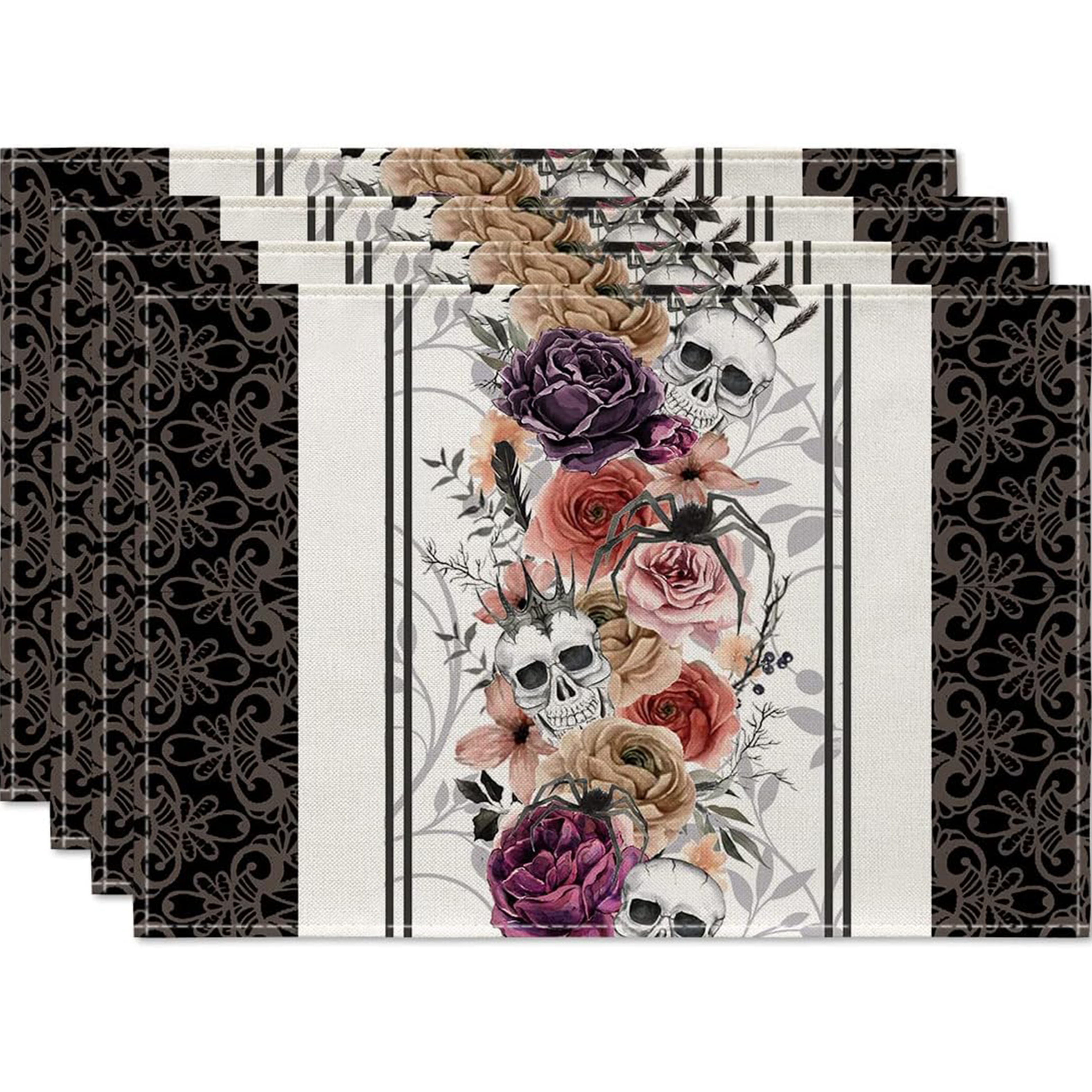 Linen Placemats Skulls Floral Day Of The Dead Halloween - Temu