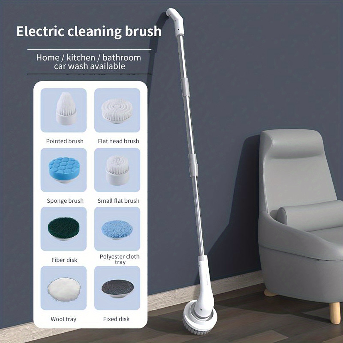 Electric Spin Scrubber, 2024 New Cordless Cleaning Brush with 8 Replaceable  Brush Heads, Power Shower Scrubber Long Handle, Extendable Handheld