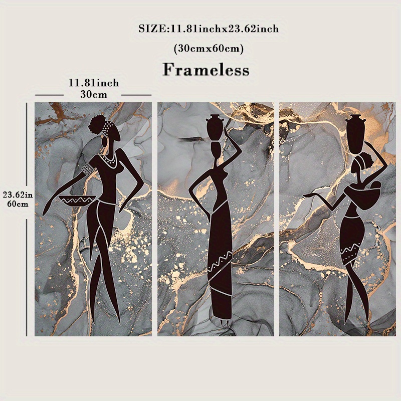 TEMU 2d Flat, 3pcs Sdmikeflax African Woman Wall Art - Modern African Female Portraits, Golden & Black Ethnic Marble Suitable For Living Room,