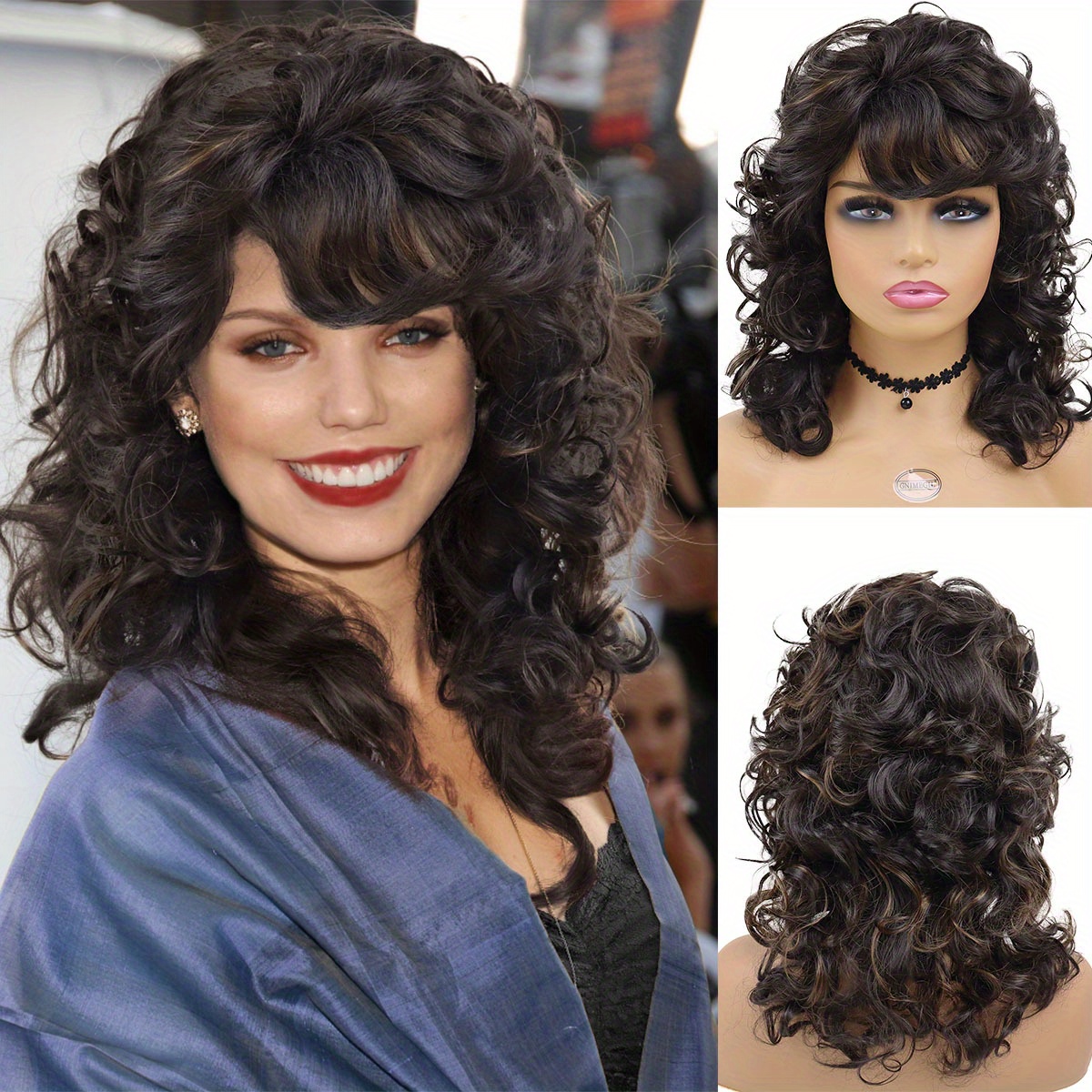 Heat Resistant Synthetic Bob Wig with Bangs Medium Long Curly Cut for Beginners 100 Density