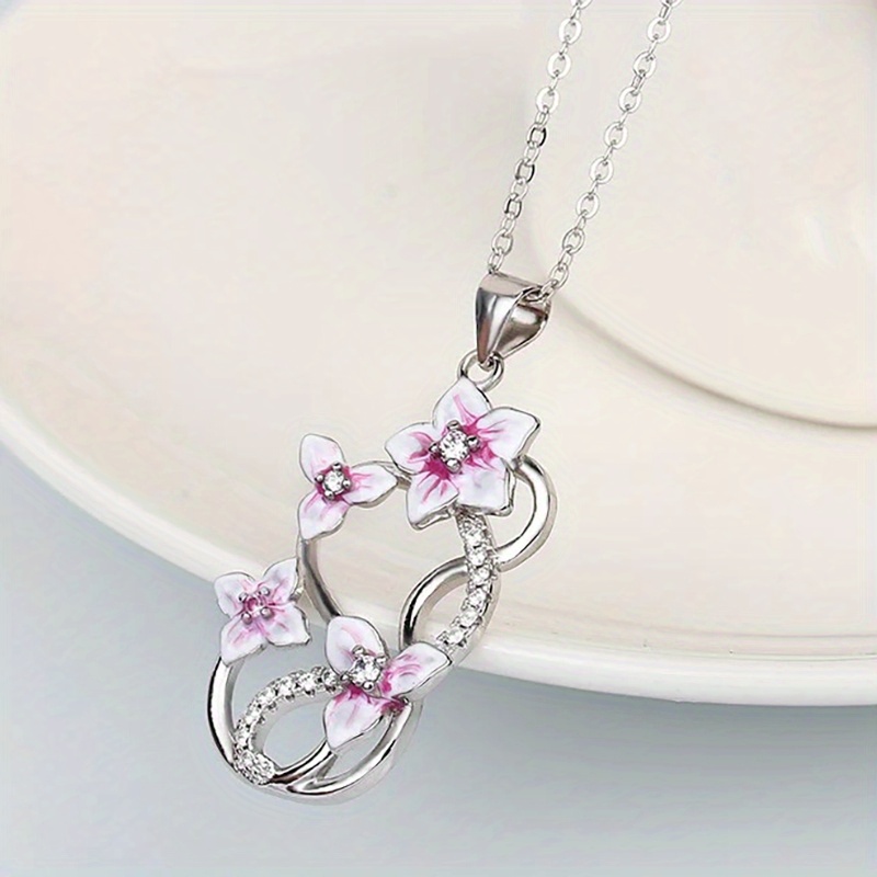 Image of 1pc Women Flower Vine Pendant Necklace Exquisite Inlay Synthetic Zirconia Pink Vine Flowers Necklace Women Daily Casual Vacation Party Gift Fashion Jewelry