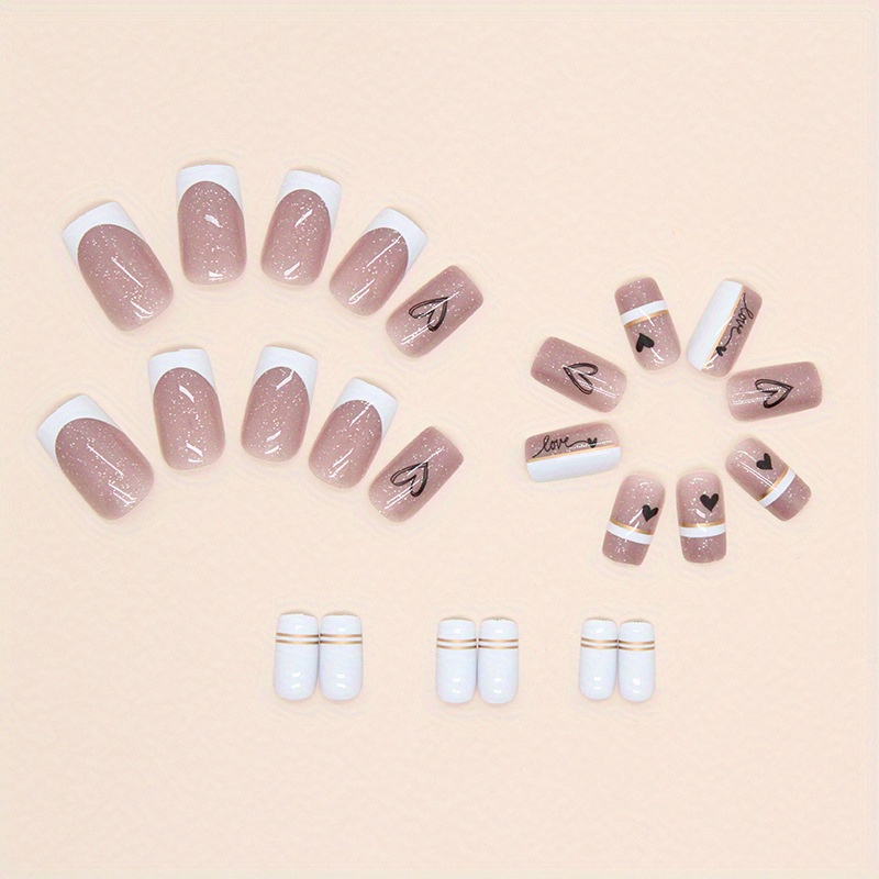 Künstliche Nägel Set – 24 Stück, Schwarz-weißes Herz-Design, Mit Gelee-Kleber & Werkzeug, Kurze Presse-on Nägel Für Frauen