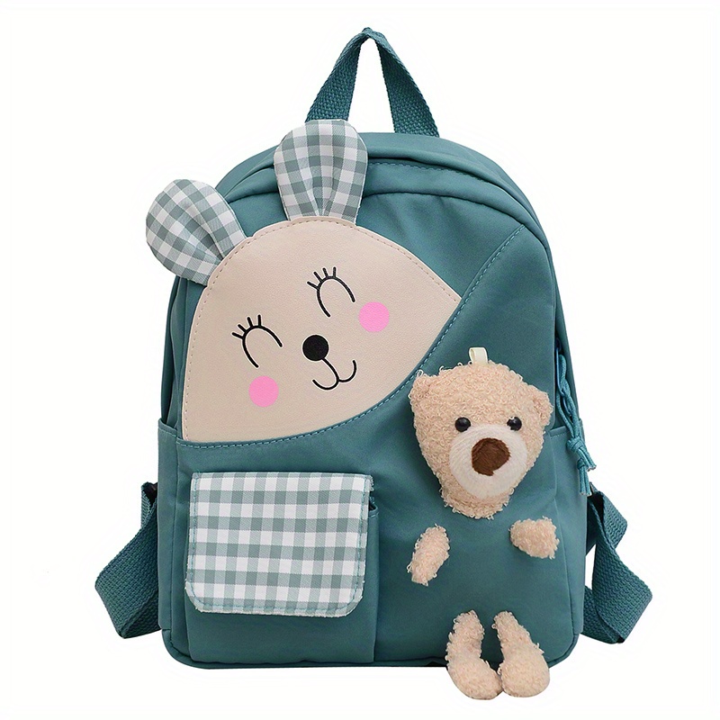 Kids Cartoon Rabbit Plaid Backpack With Teddy Bear Plush