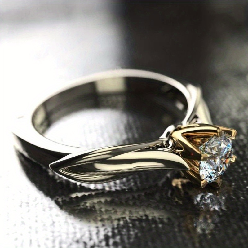Image of Trendy 2 Tone 6 Claw Setting Synthetic Zirconia Solitaire Rings For Women Engagement Wedding Rings Jewelry