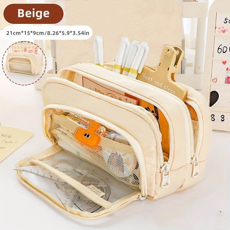 1Pc Beige Stationery Bag, Pencil Case, Large Capacity Pencil Case, Handheld Pencil  Case, Portable Gifts, Suitable For Office, School, Youth, Girls, Boys,  Adults