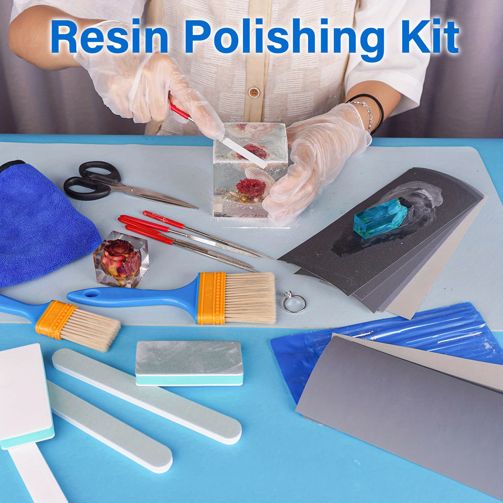 Resin Sanding and Polishing Kit, Epoxy Resin Supplies with 5 Resin File, 12 Sand Papers,4 Polishing Blocks,1 Polishing Cloth,1 Scissors,for Epoxy