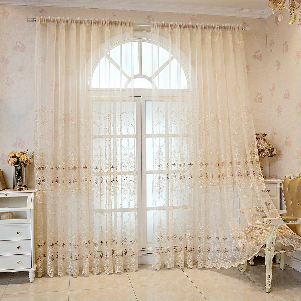 European Embroidery Sheer Curtain Geometric Argyle Pattern Embroidery