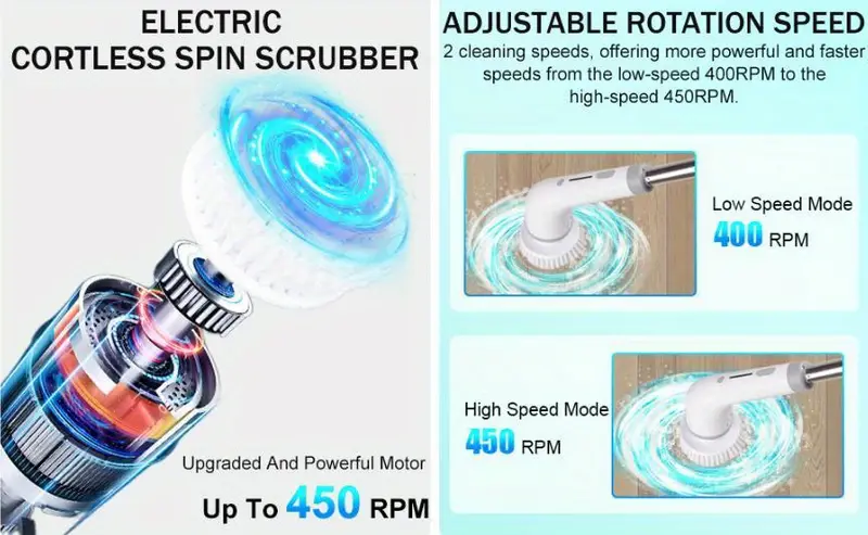 1set electric spin scrubber cordless electric cleaning brush with 8 replacement brush head adjustable speed bathroom shower power scrubber with adjustable extension arm for bathtub tile floor household cleaning supplies apartment essentials details 5