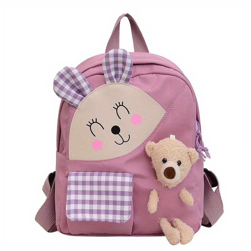 Kids Cartoon Rabbit Plaid Backpack With Teddy Bear Plush