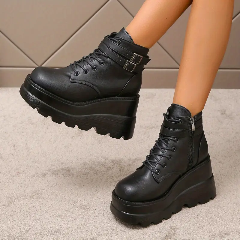 women solid color-womens solid color thick bottom boots shoes casual comfortable medium top outdoor boots details 9