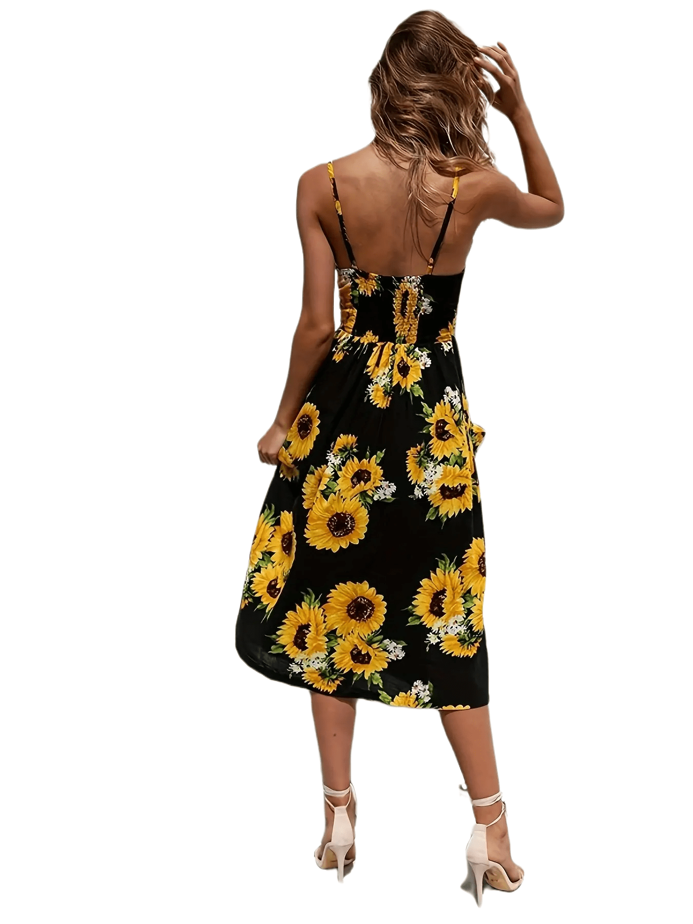 Button sunflower print midi dress hotsell