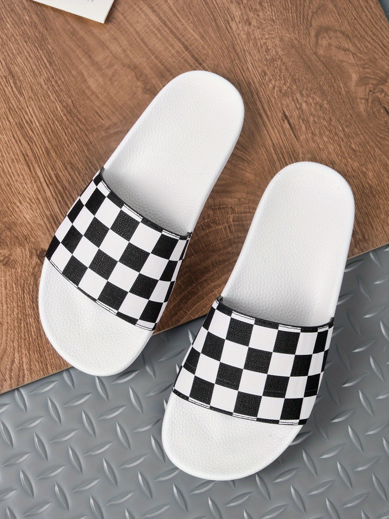 Men's Checkered Design Slides, Casual Non Slip Slippers, Open Toe