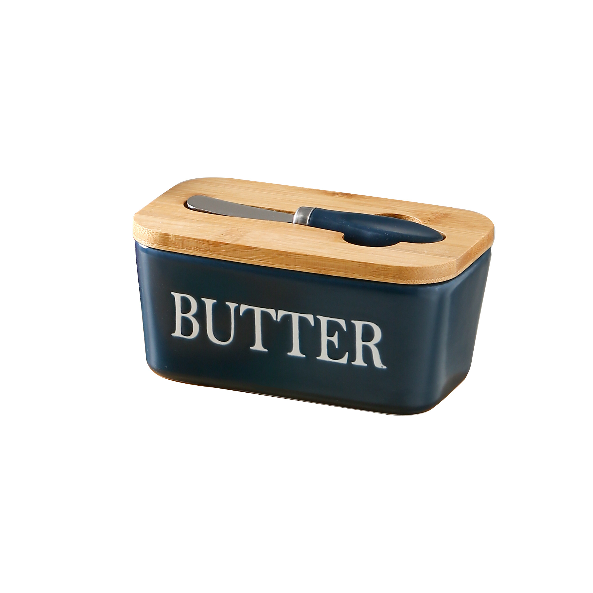 1set Ceramic Butter Dish with Bamboo Lid and Knife, Large Butter