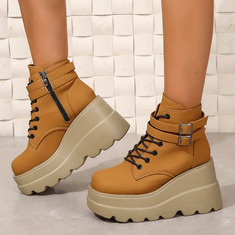 women solid color-womens solid color thick bottom boots shoes casual comfortable medium top outdoor boots details 2