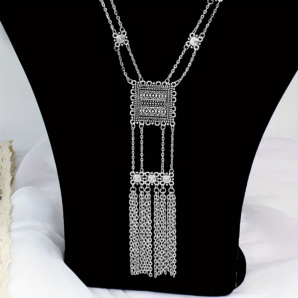 vintage inspired long pendant necklace with rectangular charm tassel detail zinc alloy versatile for casual attire or parties details 1