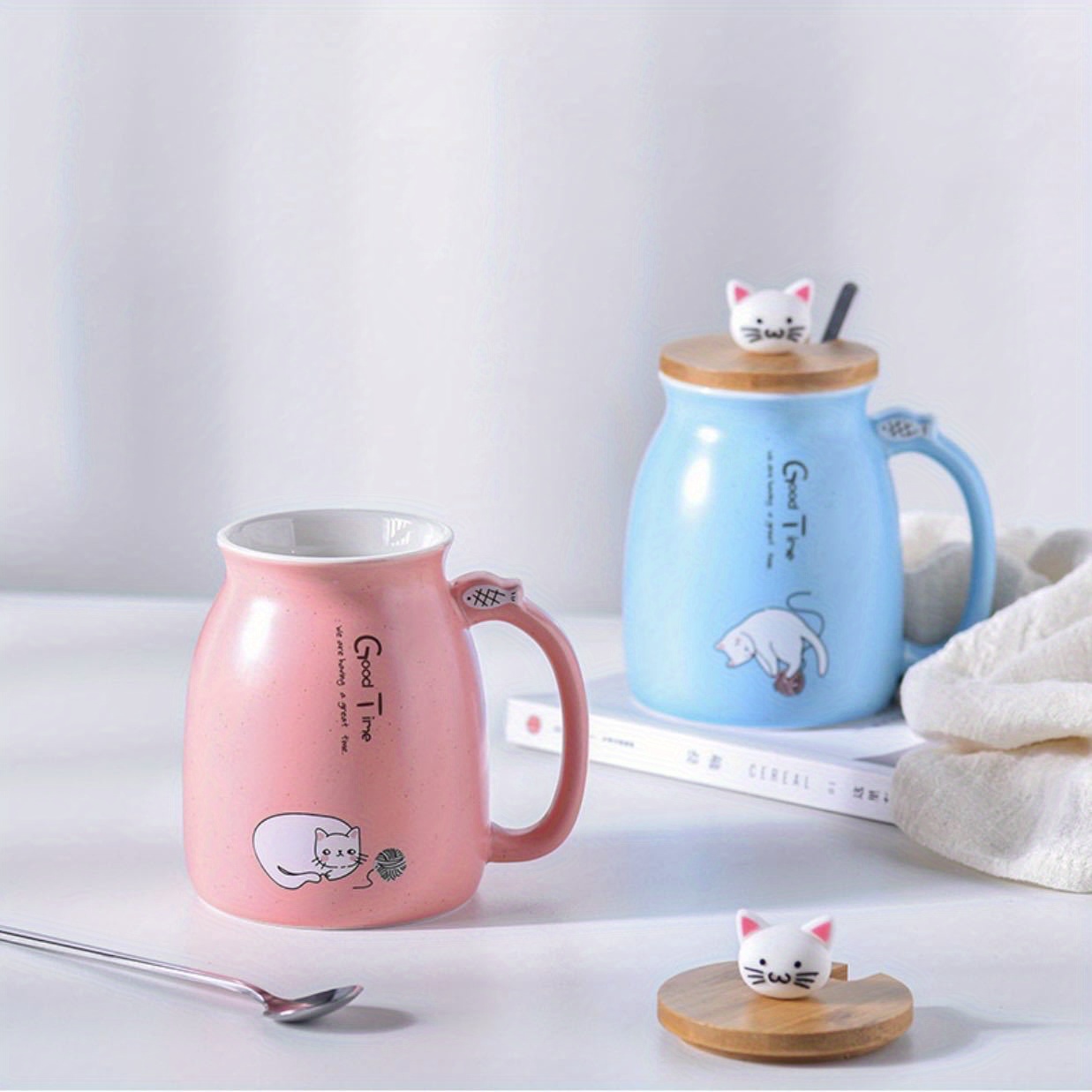 Fresh Cute Cartoon Cat Mark Ceramic Cup With Spoon Lid Couple