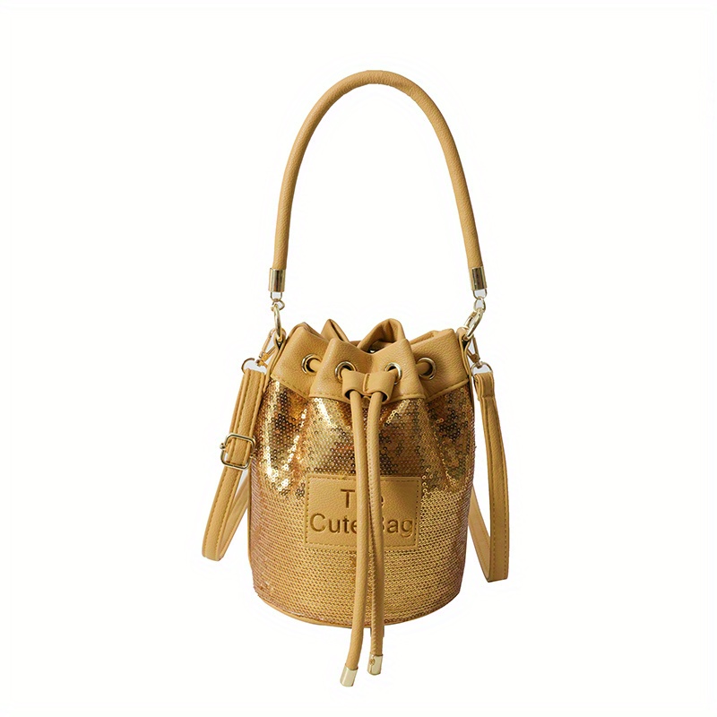 Sequin Glitter Drawstring Bucket Crossbody Bag, Pu Leather Top