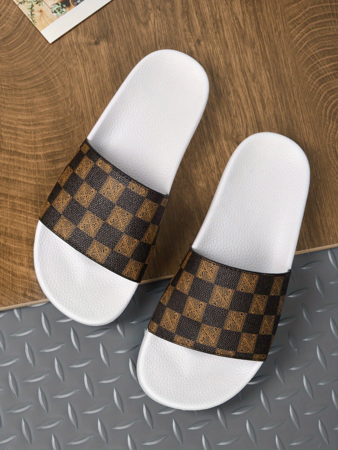 Men's Checkered Design Slides, Casual Non Slip Slippers, Open Toe