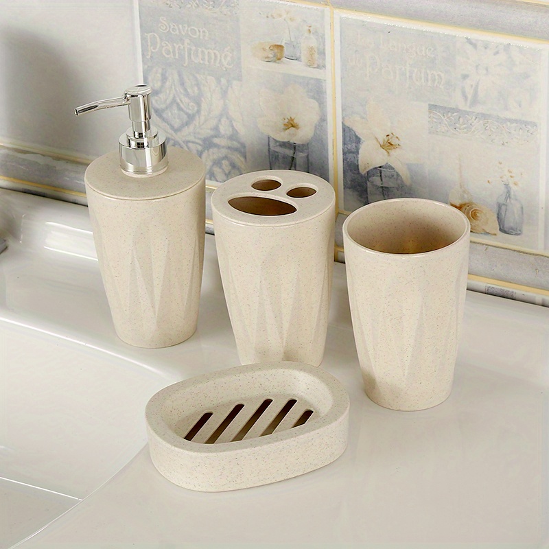 MyGift Juego de accesorios de baño, juego de accesorios de baño de cerámica  blanca y beige de 4 piezas con dispensador de bomba de jabón, soporte para
