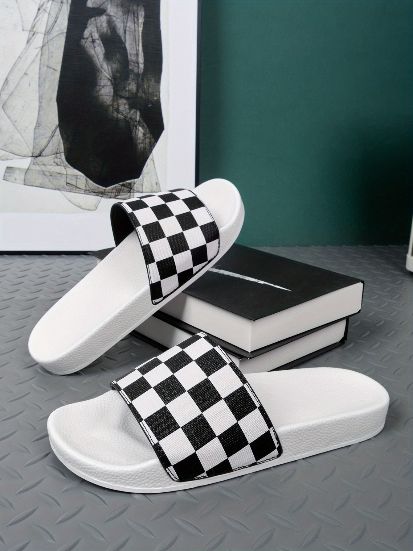 Men's Checkered Design Slides, Casual Non Slip Slippers, Open Toe