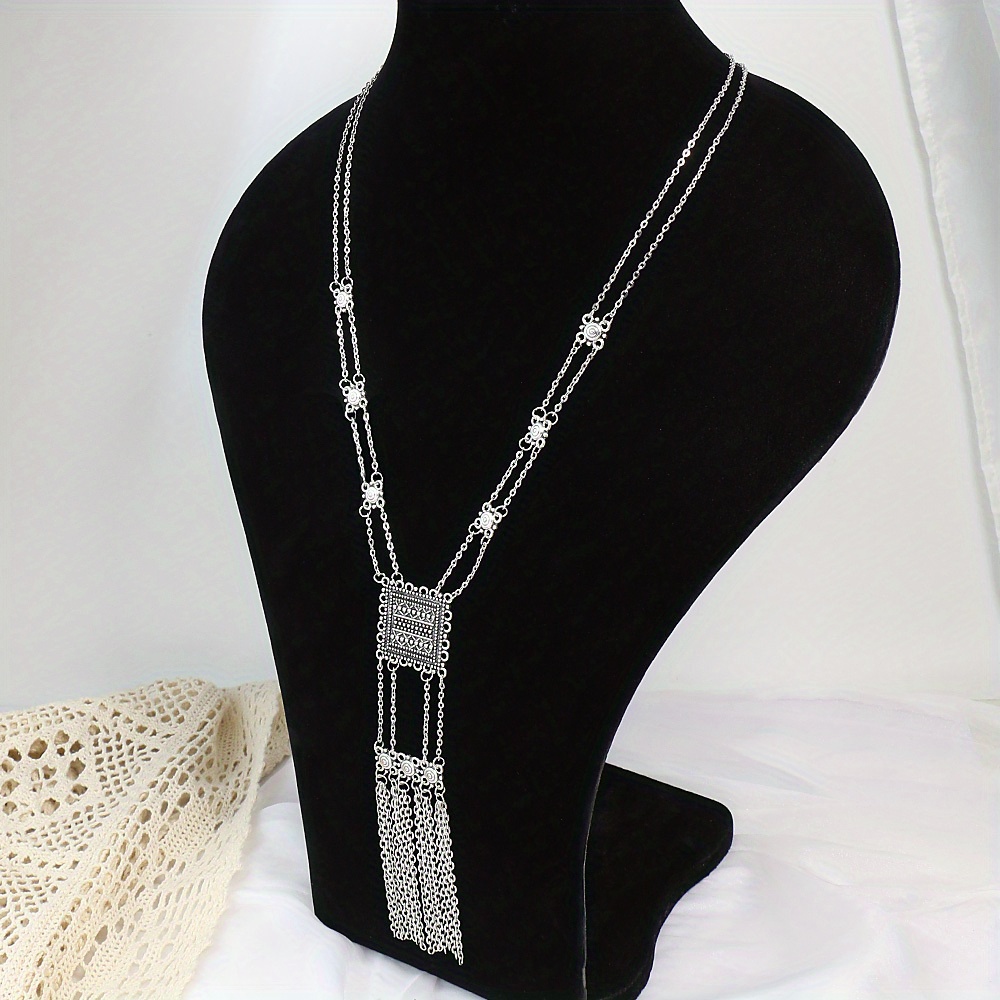 vintage inspired long pendant necklace with rectangular charm tassel detail zinc alloy versatile for casual attire or parties details 0