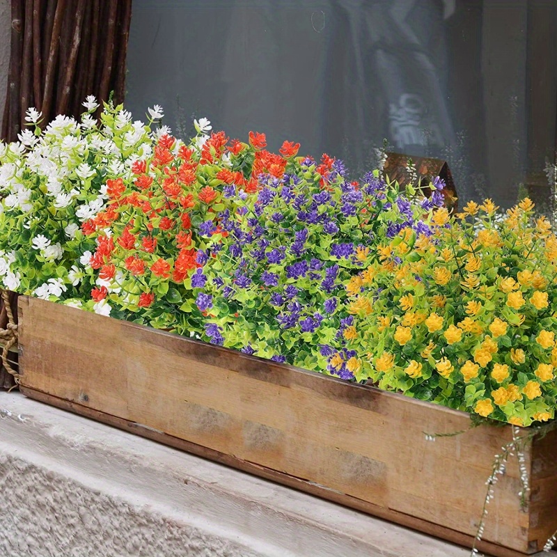 12バンドル 屋外用造花、バルク造花 プラスチック植物 UV耐性 フェイクグリーン ツゲの木 プランター吊り下げ用 花瓶 屋内外装飾用  (ミックスカラー)