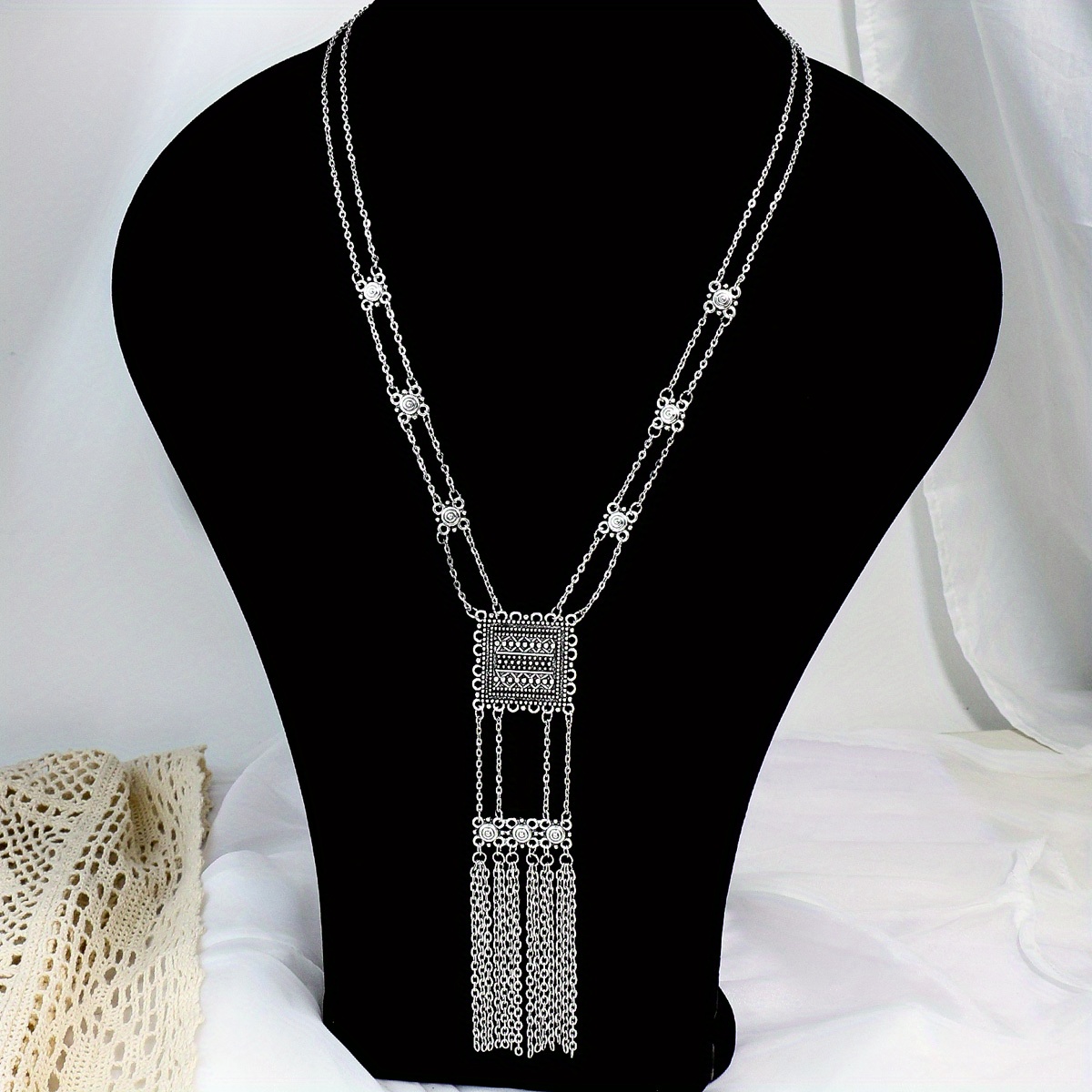 vintage inspired long pendant necklace with rectangular charm tassel detail zinc alloy versatile for casual attire or parties details 4