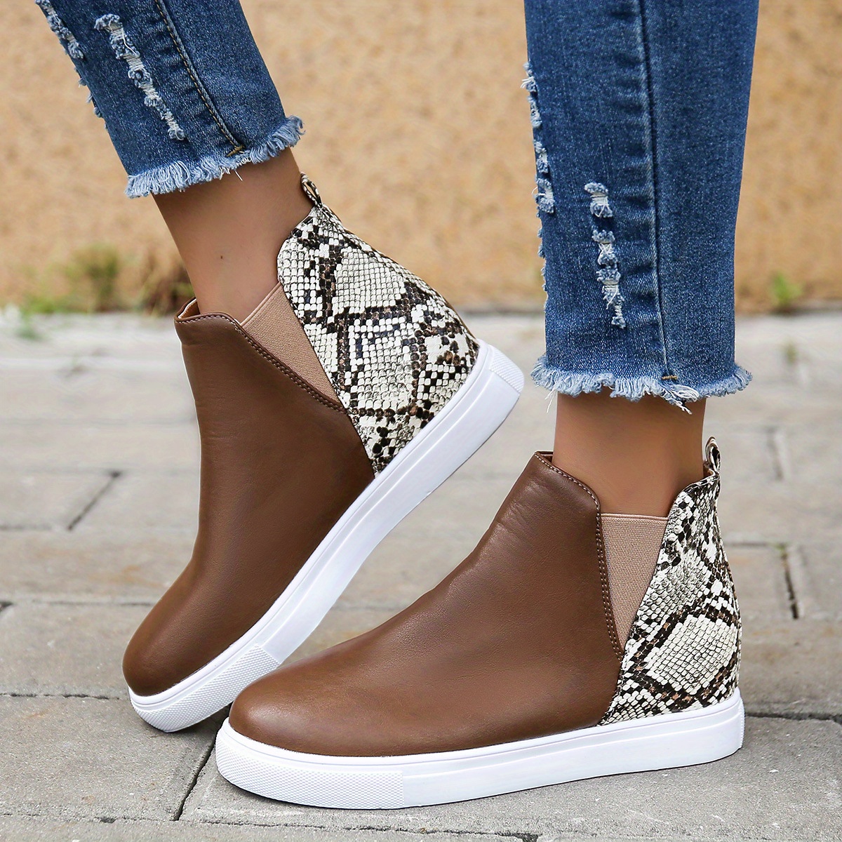 Women's Snakeskin Pattern Colorblock Boots Slip On High Top Flatform Non slip